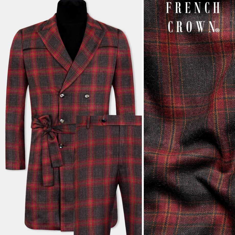 Claret Red and Walnut Brown Tweed Plaid Double Breasted Designer Trench Coat With Pant